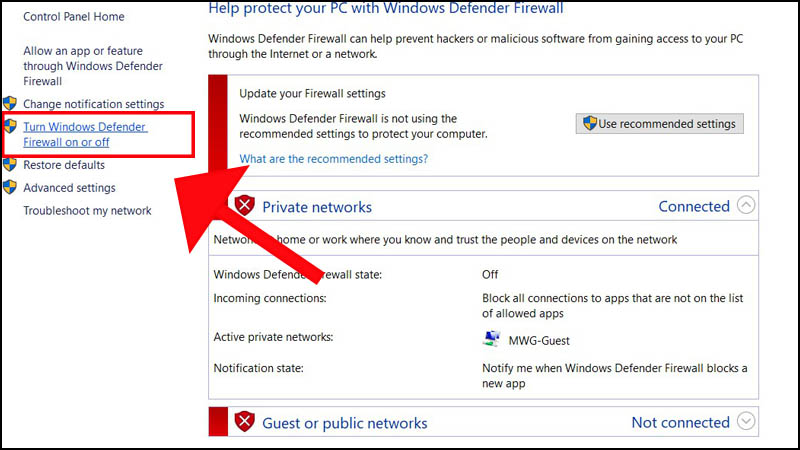 Ở phía bên trái, bạn chọn Turn Windows Defender Firewall on or off.